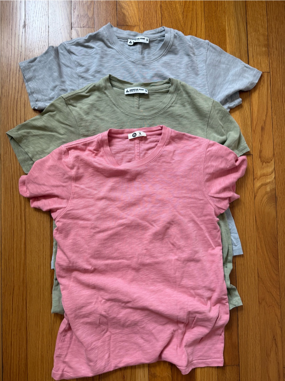 American Giant Short Sleeve Tee Trio - Pink, Olive, Light Gray
